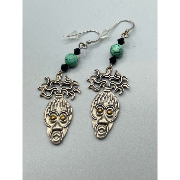 Sterling Silver Tribal Earrings Aztec Ethnic Face Design Long Pierced Dangles - Picture 4 of 6